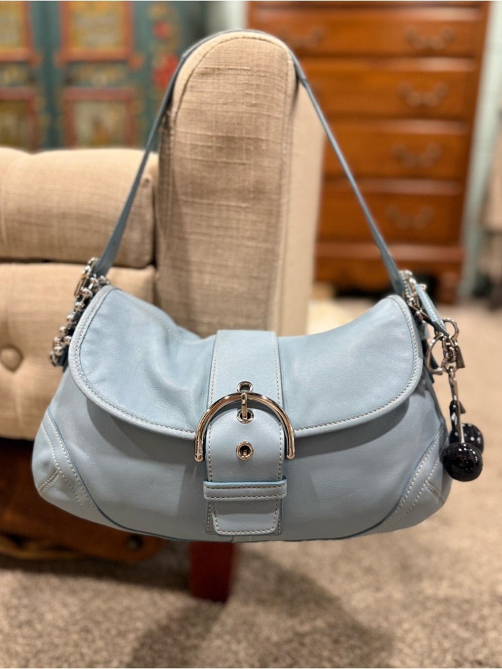 Coach Y2K 2005 Soho Shoulder Bag Baby Blue Leather Silver Buckle Flap Hobo #9248